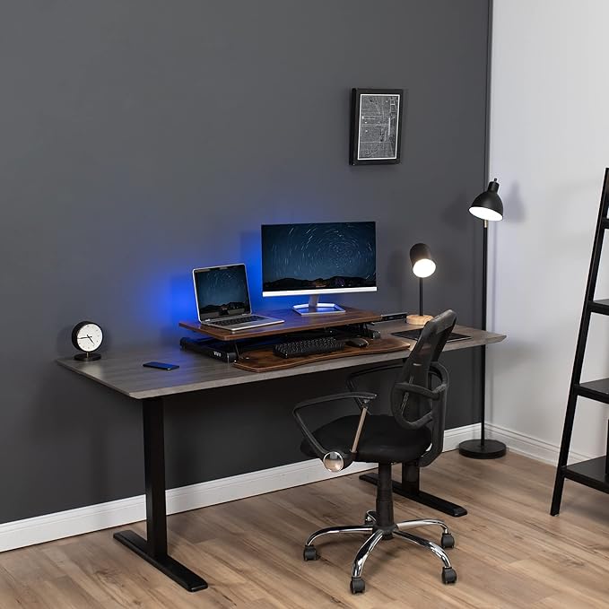 VIVO 32 inch Desk Converter, K Series, Height Adjustable Sit to Stand Riser, Dual Monitor and Laptop Workstation with Wide Keyboard Tray, Vintage Brown Top, Black Frame, DESK-V000KN