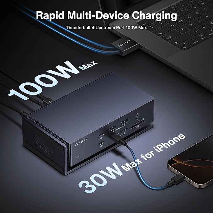 iVANKY Dual Thunderbolt 4 Chips FusionDock Max 1 for Quad 6K@60Hz Display (20-in-1 Dock for M1/M2/M3/M4 Pro/Max Mac) (6 * 40Gbps TB4, 2.5GbE, SD/TF 4.0, 10Gbps USB, Audio, 96W PD) Docking Station Hub