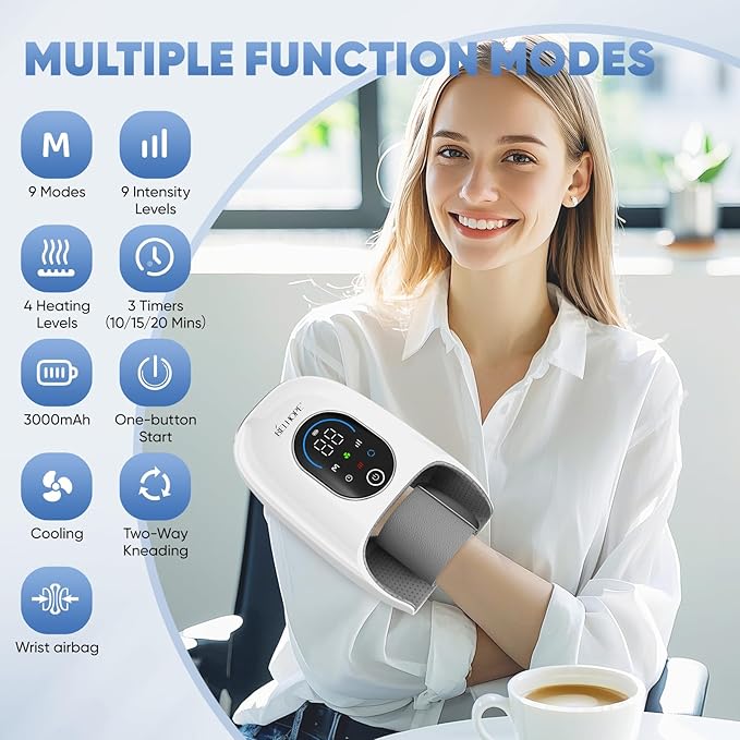 Hand Massager with 9 Modes and 4 Heating Options for Hot and Cold Therapy Hand and Wrist Massager for Arthritis and Carpal Tunnel Relief, Hand Massager with Heat and Compression, White