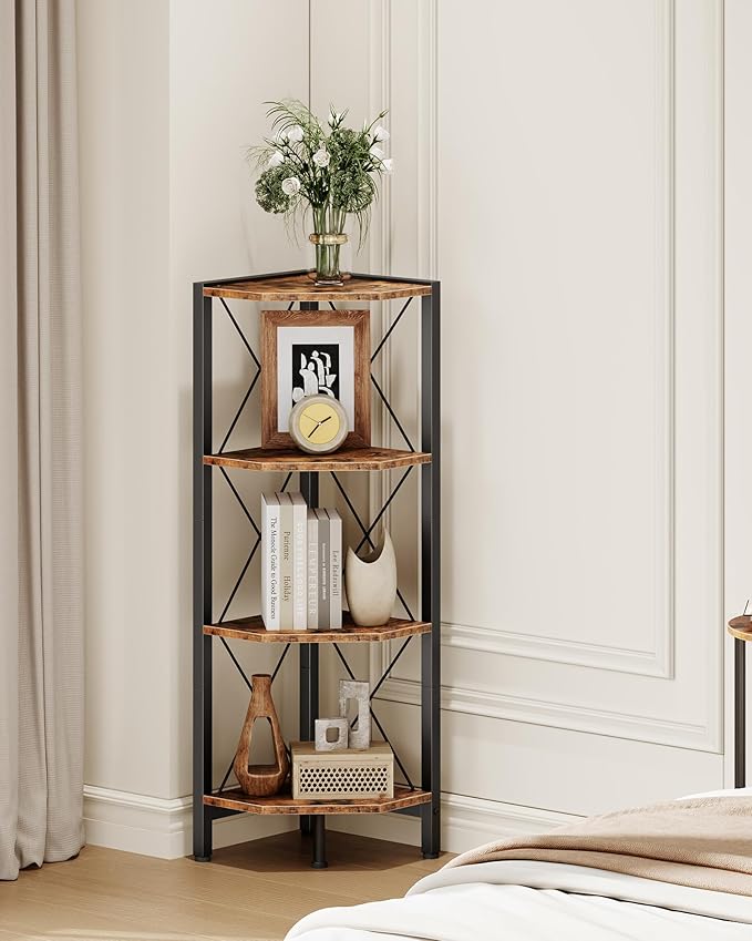 4-Tier Corner Shelf, Corner Bookcase, 43.3" Tall Vertical Display Rack, Plant Stand, Open Storage Shelf, for Living Room, Bedroom, Study, Kitchen, Rustic Brown and Black TCJ14BF