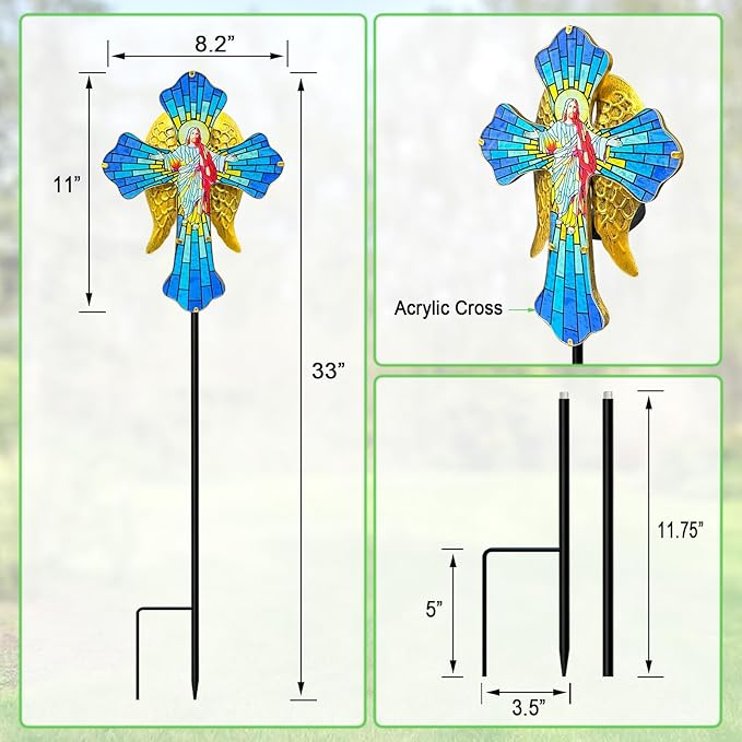 Solar Jesus Cross for Gemetery Graver,Golden Angel Wings,Grave Decorations for Cemetery,Sympathy Memorial Gifts,Christmas Yard Decor Outdoor