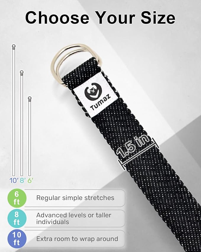 Tumaz Yoga Strap/Stretch Bands [15+ Colors, 6/8/10 Feet Options] with Extra Safe Adjustable D-Ring Buckle, Durable and Comfy Delicate Texture - Best for Daily Stretching, Physical Therapy, Fitness