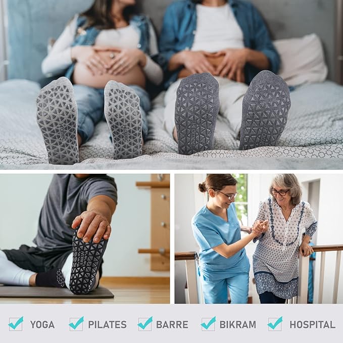 Non Slip Yoga Socks with Grips for Pilates, Ballet, Barre, Barefoot, Hospital Anti Skid Socks for Women and Men