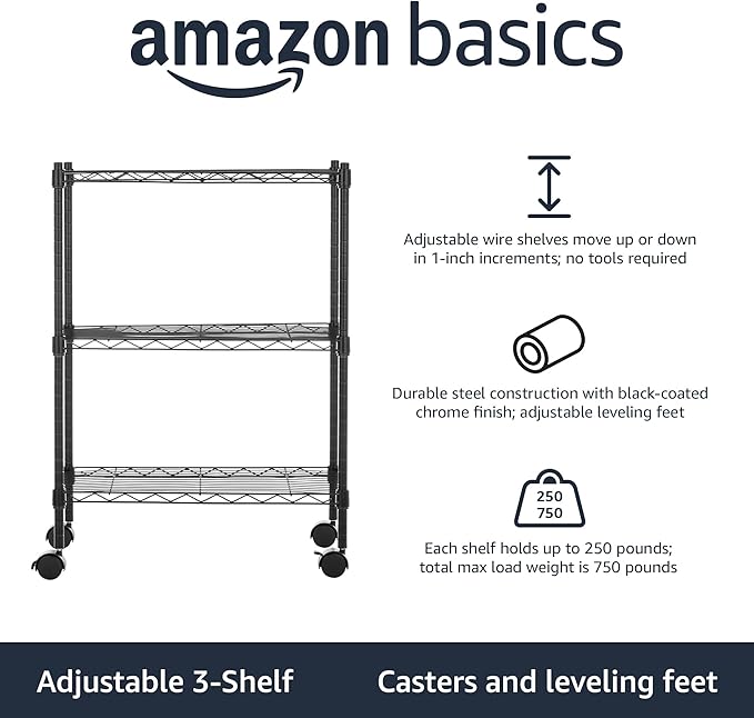 Amazon Basics 3-Shelf Adjustable, Heavy Duty Storage Shelving Unit on 2'' PP Plastic Wheel Casters, Metal Organizer Wire Rack, 23.2" L x 13.4" W x 32.75" H, Black