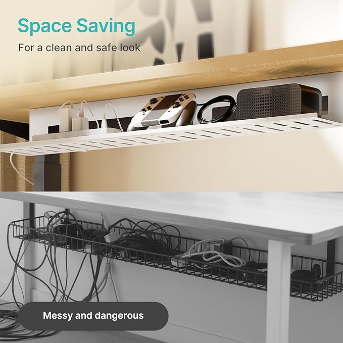 Under Desk Cable Management Tray, 31.5 Inches Metal Cord Organizer Rack, Desk Tray for Power Strip, Cord, Wire, Easy Mounting Cable Management Under Table for Home Office, White