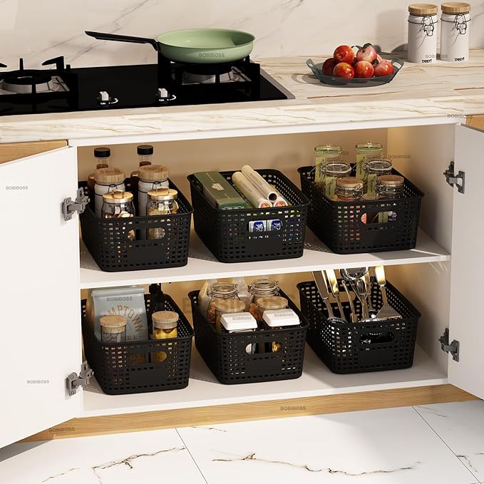 Black Plastic Storage Baskets with Lids 12 Pack Stackable Storage Bins Containers for Shelves Organizing, Cute Decorative Storage Boxes for Classroom, Playroom, Closet, Pantry