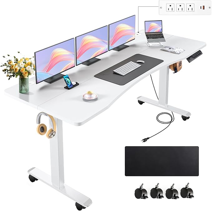 farexon Electric Standing Desk Adjustable Height,63x24 Inches Stand Up Desk, Ergonomically Curved Desktop with Outlet, Lockable Casters,27.''-46'' Lifting Range Home Office Computer Desk（White