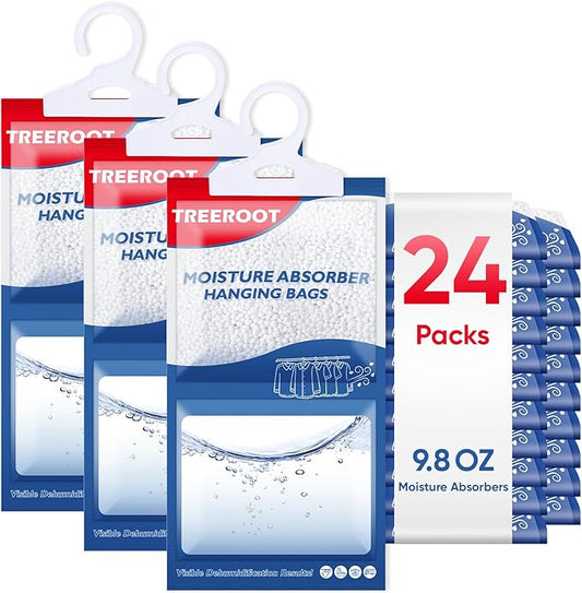 24 Pack Moisture Absorbers for Closet, 9.8OZ Hanging Closet Dehumidifier Bags, Hanging Humidity Absorber in Wardrobes, Kitchens and Bathrooms, Fragrance Free Portable Moisture bags