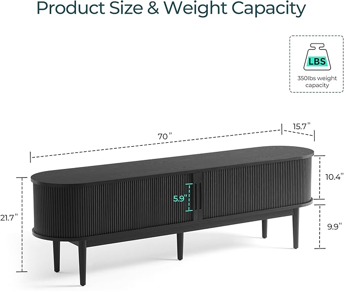 LINSY HOME 70" Fluted TV Stand for TVs up to 80 Inch, Mid Century Modern Entertainment Center with Storage Cabinet and Sliding Doors, Farmhouse Wood Media TV Console for Living Room, Bedroom, Black