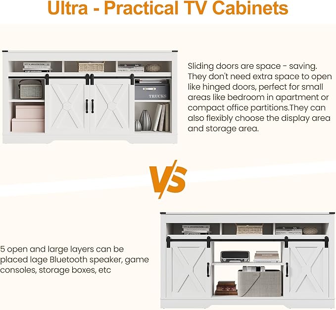 RoyalCraft TV Stand for 65+ Inch TV: Farmhouse Entertainment Center with Storage, Wood TV Console Cabinets with Sliding Barn Door, Tall Media with Adjustable Shelves for Living Room, Coastal Fog