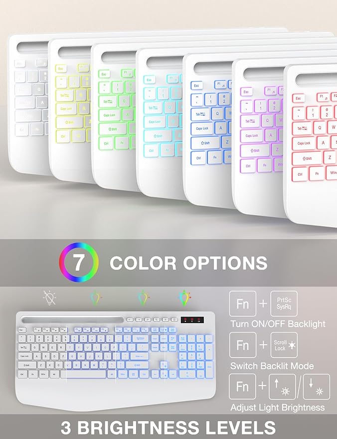 Wireless Keyboard and Mouse Combo, 9 Backlit Effects, Wrist Rest, Phone Holder, 2.4G Lag-Free Ergonomic Keyboards, Rechargeable Silent Cordless Set for Computer, Laptop, Mac, Windows -SABLUTE（White）