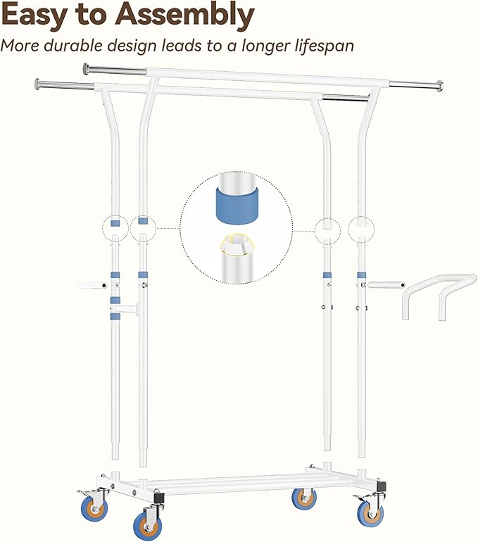 Heavy Duty Clothes Rack for Hanging Clothing: Rolling Coat Racks Poartable Garment with Wheels Freestanding Sturdy Metal Adjustable Extendable with Shelves Bedroom Laundry Living Room