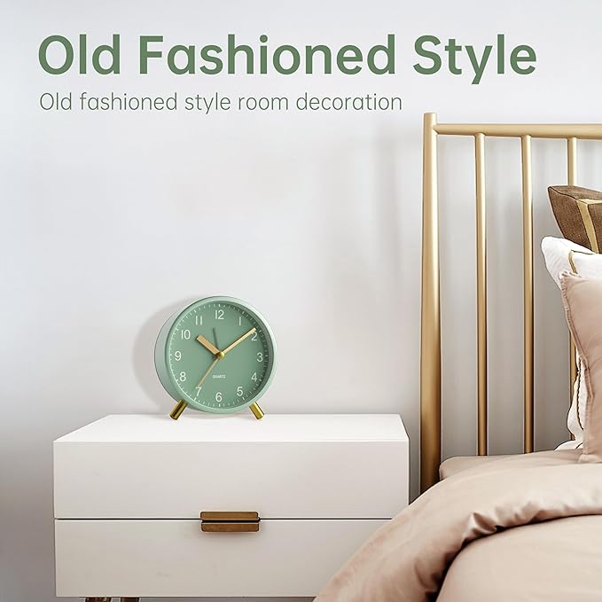 Analog Alarm Clock, 4 inch Super Silent Non Ticking Small Clock with Night Light, Battery Operated, Simple Design, easy setting for Office, Bedroom, Bedside, Desk, teens, elders, kids, adult, Green