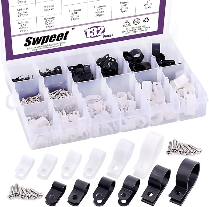 Swpeet 135 Pack 6 Sizes White+Black Nylon Plastic R-Type Cable Clips Clamp Assortment Kit, 3/16" 1/4" 3/8" 1/2" 3/4" 1" Nylon Screw Mounting Cord Fastener Clips with 135Pcs Screws for Wire Management