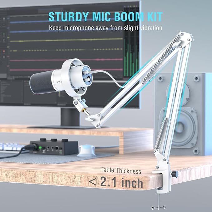 FIFINE Dynamic Microphone with Boom Arm, Studio Vocal XLR Microphone, Podcast USB Mic Kit for PC with Mute Button, Volume Knob, Headphone Jack, for Streaming Recording-AmpliTank K688CT White