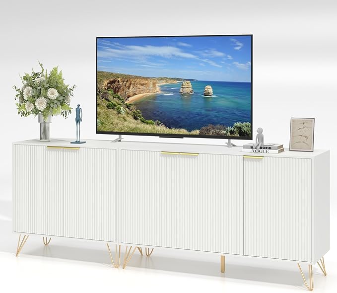 TV Stand for 75 inch TV Modern Entertainment Center Cabinet with 5 Doors Wood Media Console Storage Cabinets for Living Room Bedroom, White