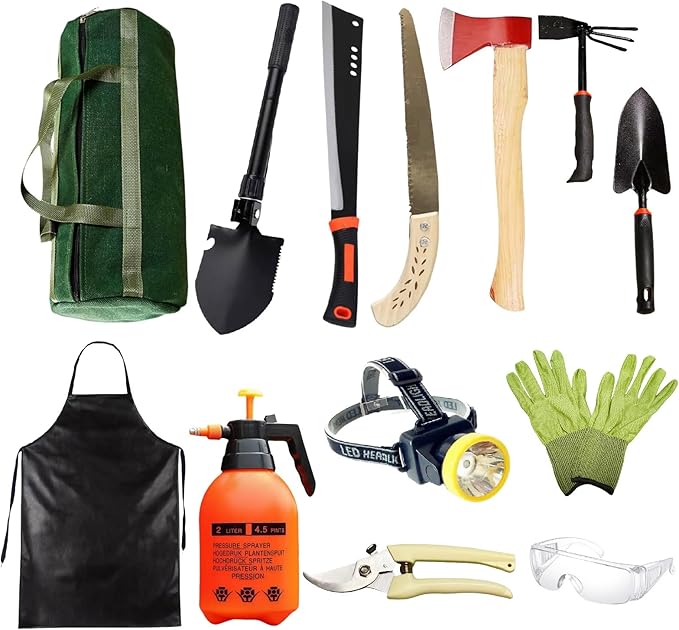 Professional 13-Piece Gardening & Outdoor Survival Tool Set with 15-Inch Machete, Heavy Duty Axe, Folding Shovel, Headlight, Sprayer, Safety Goggles & Canvas Bag (GD.SET01)