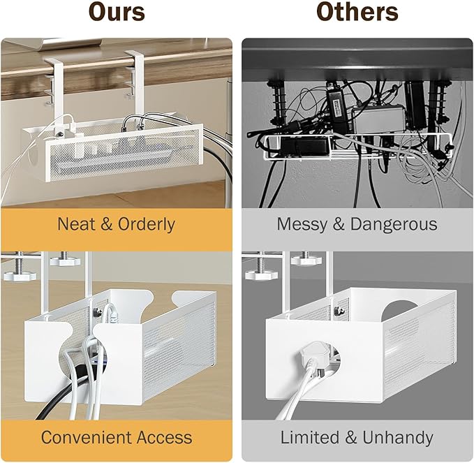 DELAMU Under Desk Cable Management Tray, No Drill Metal Mesh Cable Management Under Desk with F-Clamp Mount & 2 Open Holes, Cord Organizer for Home Office, 1 Pack, White