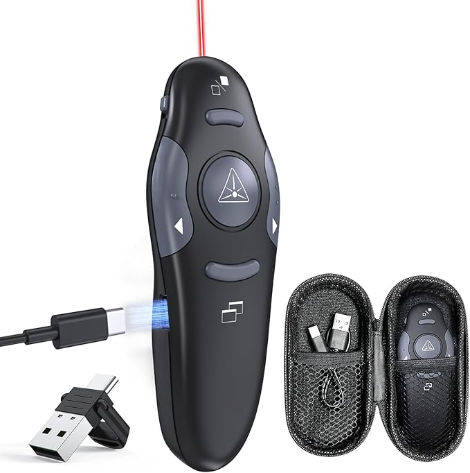 Presentation Clicker with Storage Case, USB C Rechargeable Wireless Presenter Remote Powerpoint Clicker with Protective Case