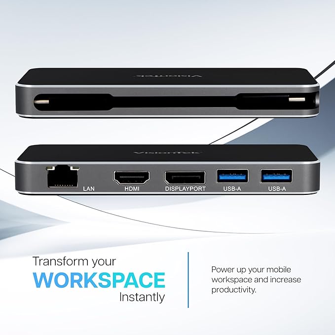 VisionTek VT350 Portable USB-C Dual Monitor Hub - 1x DP, 1x HDMI, 2X USB-A, 1x Ethernet, 1x USB-C for Windows/MacOS/ChromeOS/iOS