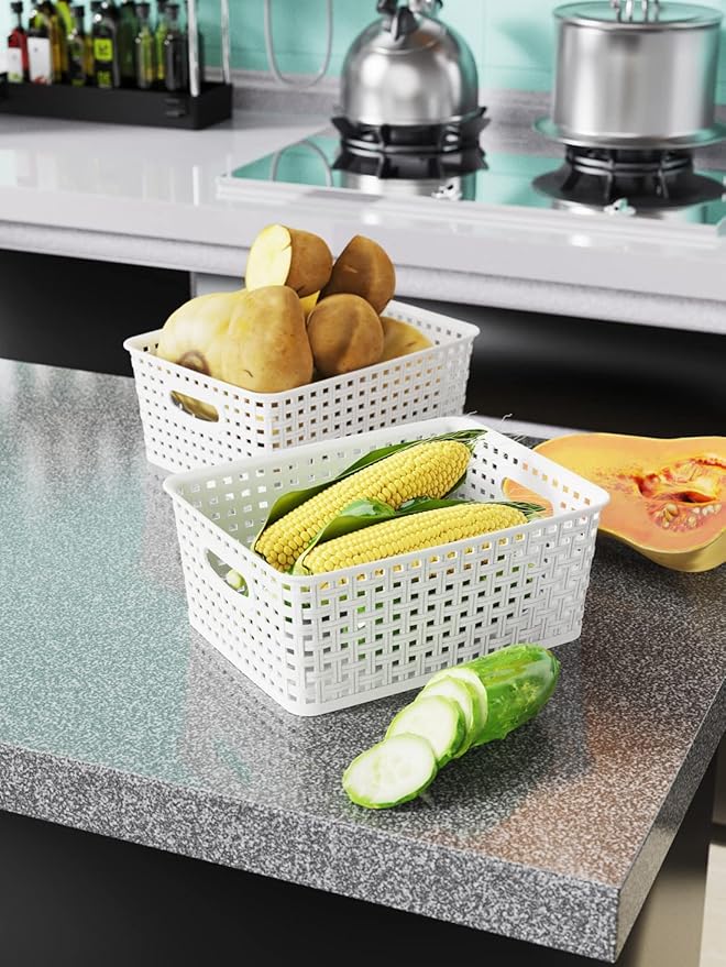 WYT Woven Plastic Storage Baskets, 6 Pack White Weave Bins Organizer, 10.1" x 7.55" x 4.1"