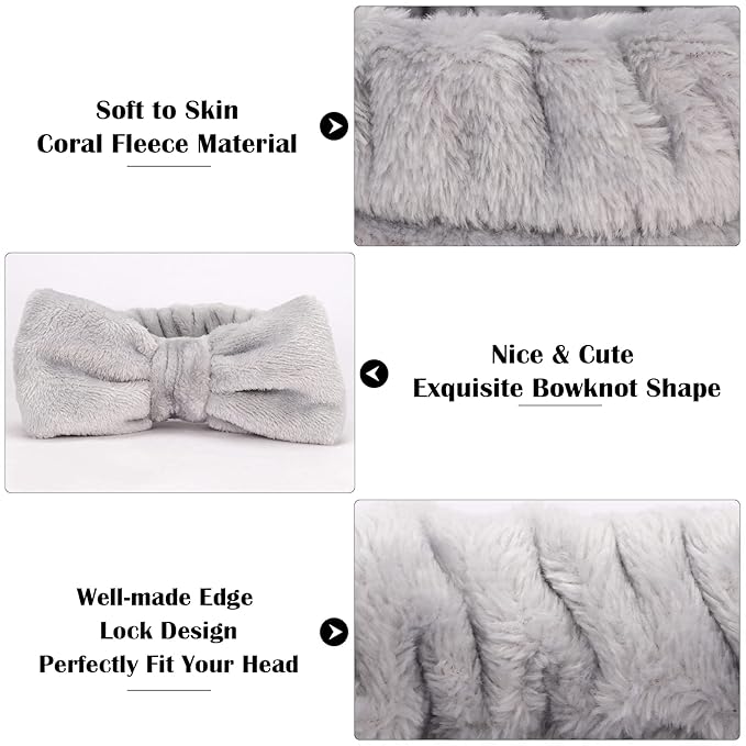 Ondder Spa Headband for Washing Face 8 Pack Gray Skincare Headbands for Women Girls Terry Cloth Cute Bow Head Bands