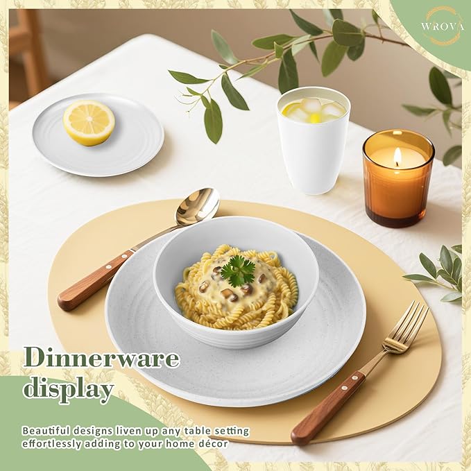 32-piece Kitchen Alternative Plastic Wheat Straw Dinnerware Sets,Unbreakbale Dishwasher Safe Kitchen Bowls and Plates Sets with Cups,Modern Apartment Essential Dishes Set for 8.White Series