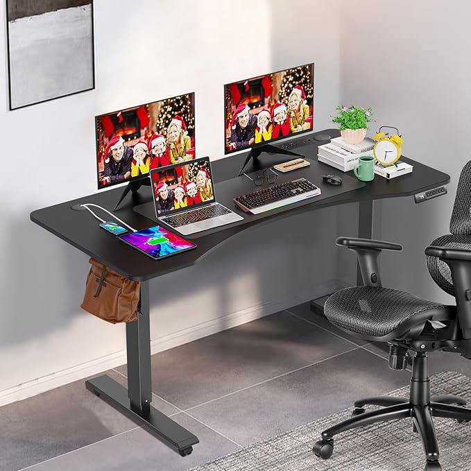 farexon Electric Standing Desk Adjustable Height,63x24 Inches Stand Up Desk, Ergonomically Curved Desktop with Outlet, Lockable Casters,27.''-46'' Lifting Range Home Office Computer Desk（Black
