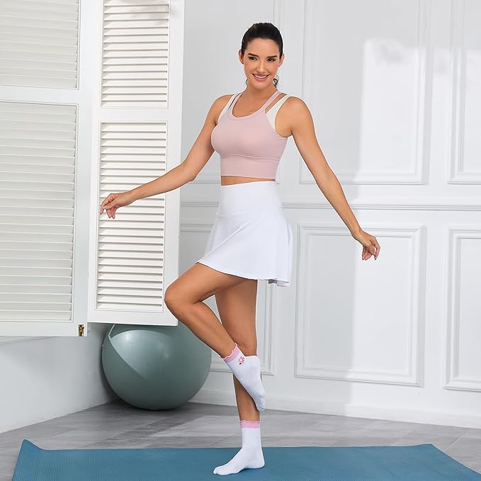 Cute Pilates Socks with Grips for Women Ruffle Cuff Embroidery Non Slip Yoga Socks for Workout, Barre, Pilates Gifts