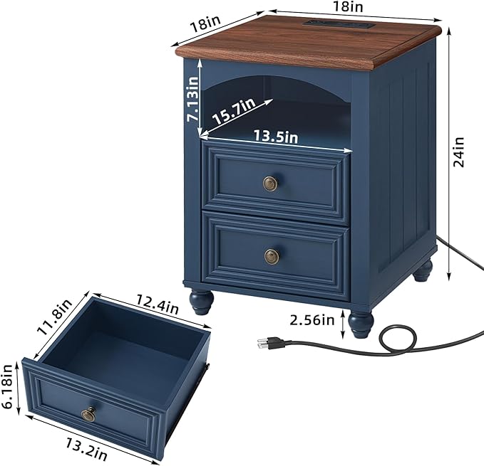 18" Farmhouse Night Stand with Charging Station, Blue Wood Nightstand with 2 Drawers, Bedside End Table with Shelf Storage, Bed Side Tables Cabinet for Bedroom, Living Room, and Closet