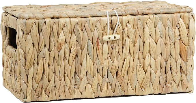 Water Hyacinth Baskets for Organizing, Rectangular Wicker Basket with Lid, Storage Baskets Bins with Handles for Shelf, Decorative Woven Basket Boxes for Storage Home Organizer (12.2" x 7.8" x 6")