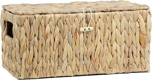 Water Hyacinth Baskets for Organizing, Rectangular Wicker Basket with Lid, Storage Baskets Bins with Handles for Shelf, Decorative Woven Basket Boxes for Storage Home Organizer (12.2" x 7.8" x 6")