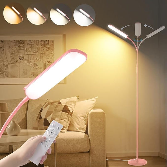 Pink LED Bright Floor Lamp with Remote & Smart Plug, Dimmable Eye-Caring Reading Light for Living Room, Bedroom, Office