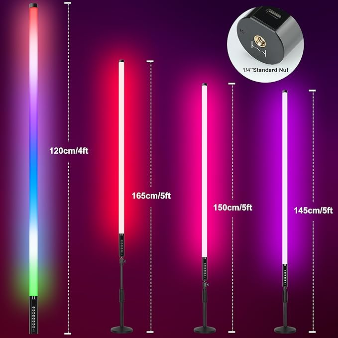 DJ Tube Lights with Stand 4ft 4800mah Rechargeable RGB Light Bar Synchronous Working LED Video Light Stick Photo Booth Disco Stage Wedding Event Decorative Lighting 4 Pack