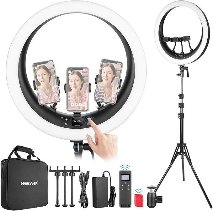 NEEWER 19 inch Ring Light with Stand, 3 Phone Holders and Mini Ball Head, Upgraded 2.4G & Touch Control, Smooth Dimming at 1%, 3200K-5600K for Selfie TikTok Live Streaming Video Recording Zoom, RP19H