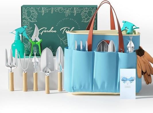 VerdantVibes 9-Piece Garden Tool Set - Heavy Duty Gardening Hand Tools with Ergonomic Non-Slip Grips, Rust-Resistant Shovel, Trowel, Rake, Pruner & Storage Bag - Ideal Gardening Gifts for Women