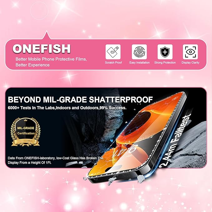 OneFish Women Fashion Privacy Screen Protector for iPhone 13 [6.1 inch]+ Camera Lens Protector, Sparkling Diamond Bling Edge 9H Tempered High-Definition Glass