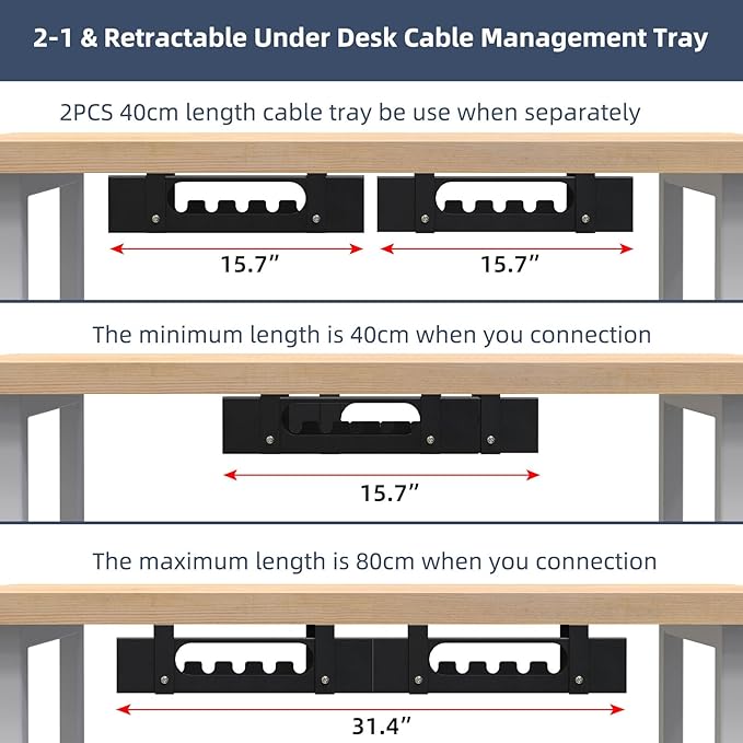 2 Pack Cable Management Under Desk Tray,Adjustable Length(15.7”-31.4”) Large Cord Organizer for Wire Management Tray,Under Table Cord Wire Organizer for Home,Office,Computer Desk