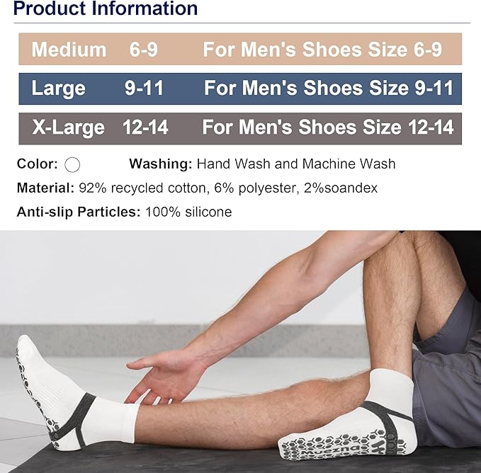 Muezna Men's Non-Slip Yoga Socks, Anti-Skid Pilates, Barre, Bikram Fitness Hospital Slipper Socks with Grips