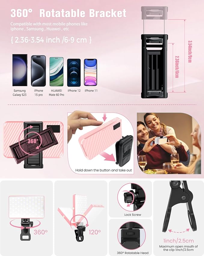 168 LED Selfie Light for iPhone, Phone Light, 3000mah Rechargeable Picture Light Clip Portable Lights for Phone, Camera, Laptop, iPad, 3 Lights Modes for Makeup, Video Conference, TikTok, Vlog (Pink)