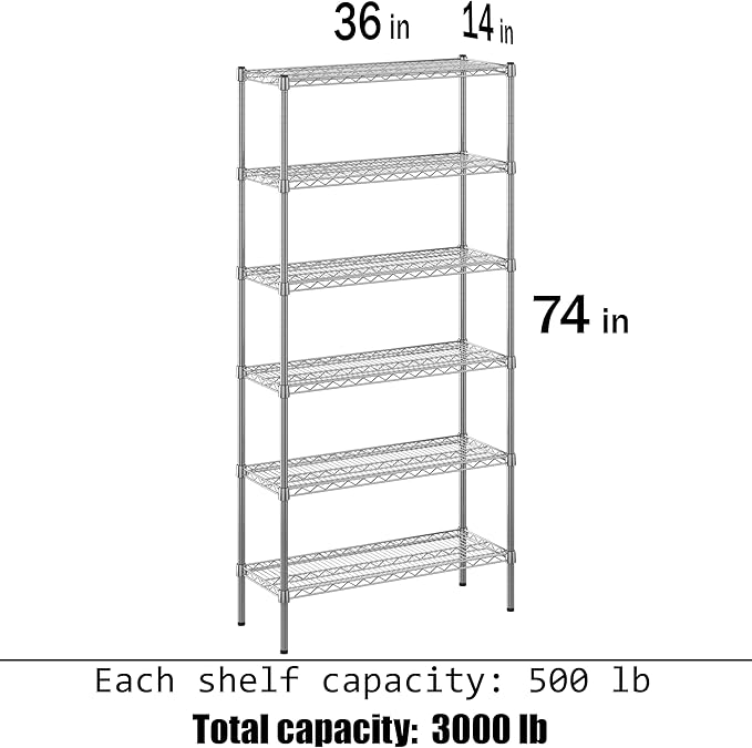 14" Deep x 36" Wide x 74" Height Wire Shelving Kit | 6-Tier | NSF Commercial Storage Rack Unit