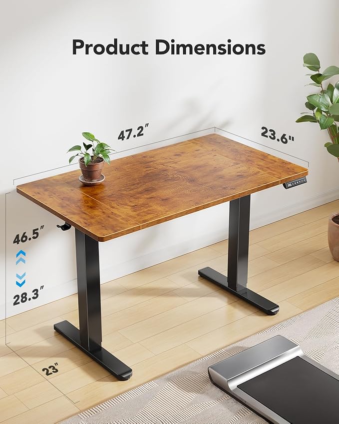 HUANUO 48 x 24 inch Electric Standing Desk, Height Adjustable Table with Headphone Hooks & Cable Manager, Sit to Stand up Desk for Home Office, Vintage Brown