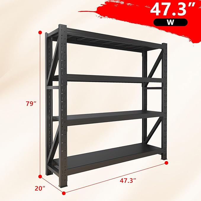 4000LBS Garage Shelving Heavy Duty, 48” W Storage Shelves, 4-Tier Adjustable Metal Storage Shelves, Steel Industrial Shelving Unit, Metal Shelving for Garage, Basement, Warehouse(Black, 47.3x20x79in)
