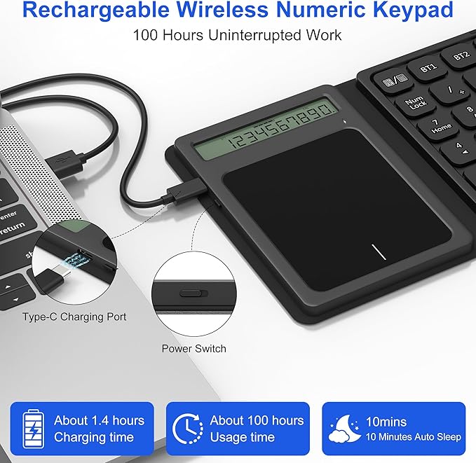 Bluetooth Number Pad Touchpad with Calculator - Rechargeable Folding Portable Wireless Numeric Keypad 23-Keys, Large Trackpad Bluetooth Travel Numpad Data Entry & Calculation & Trackpad Mouse 3 in 1