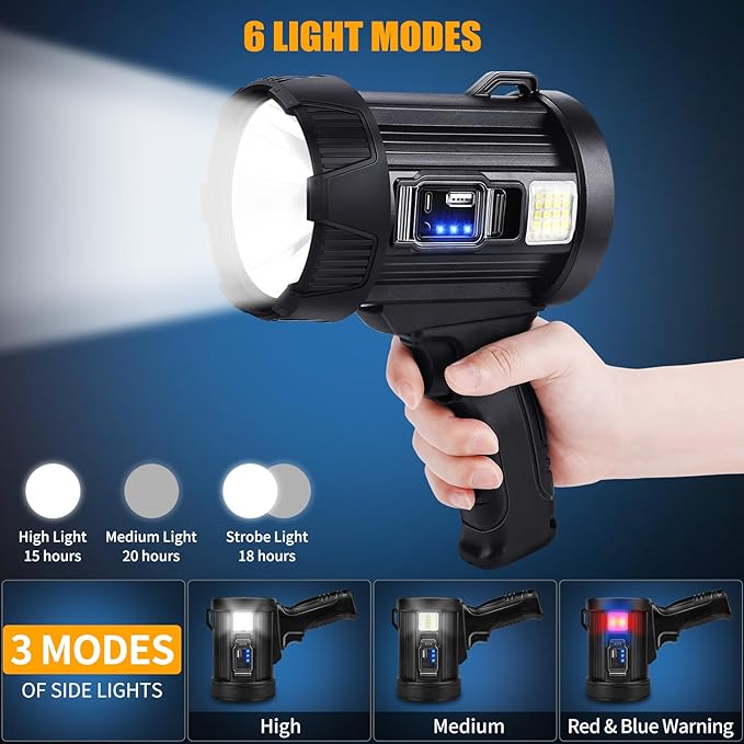 Rechargeable Spotlight, 99000 Lumens Bright LED Spotlight Flashlight, Long Running Spot Light Searchlight, Outdoor Handheld Spotlights with Solar Panels for Hunting,Camping,Boat,6 Spotlight Modes