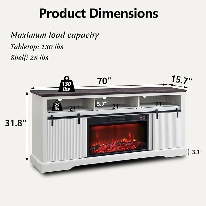 Fluted Fireplace TV Stand for TVs Up to 80 Inch with 30" Electric Fireplace, Modern Entertainment Center w/Waveform Panel Sliding Door & Adjustable Shelves, Media Console for Living Room (White)