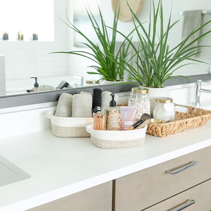 NaturalCozy 5-Piece Rectangle Storage Basket Set- Natural Cotton Rope Woven Baskets for Organizing! Small Basket for Montessori, Baby Nursery, Dog Toy Baskets, Cat Toy Box, Bathroom Organization Bin