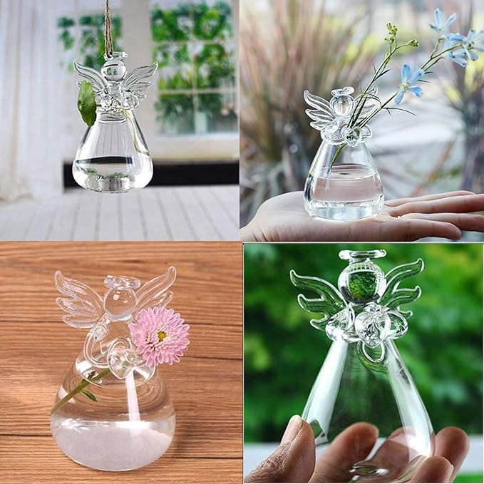 Angel Design Glass Vases Clear Flower Plant Terrarium Container Hanging Vase Wedding Decor Garden Ornaments Hanging Planter (Pack of 10)