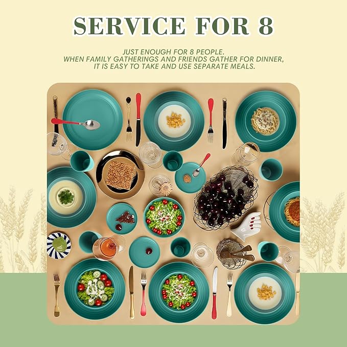 Wheat Straw Dinnerware Set of 32,Unbreakable Dinner Plates and Bowls Dishes Sets Service for 8,Dishwasher Safe Dinnerware Sets for Kitchen and Camping.Green