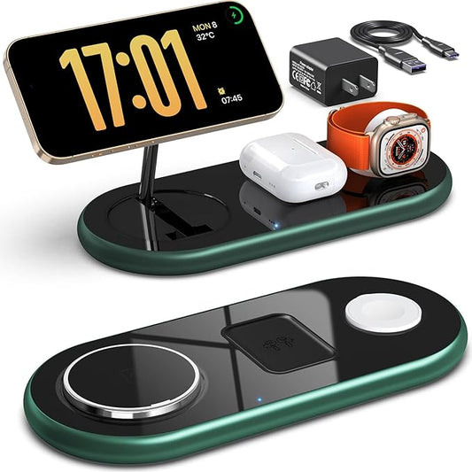 3 in 1 Charging Station for Apple Devices, Faster Mag-Safe Charger Stand, Magnetic Wireless Charger Station for iPhone 17 16 15 14 13 12 Pro Max Plus, Apple Watch iwacth & AirPods, (Alpine Green)